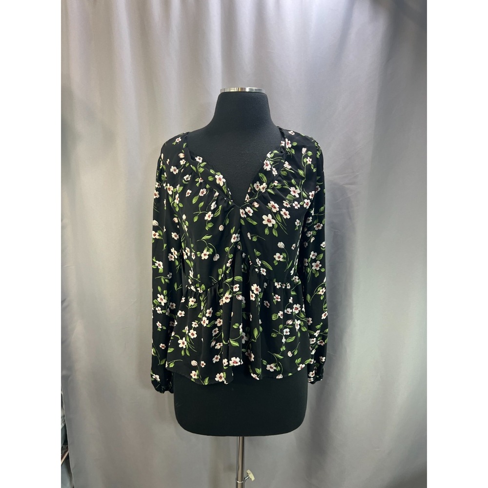 Sarah Hann Cropped Blouse Top Women Medium Black Daisy Floral Keyhole Split Neck